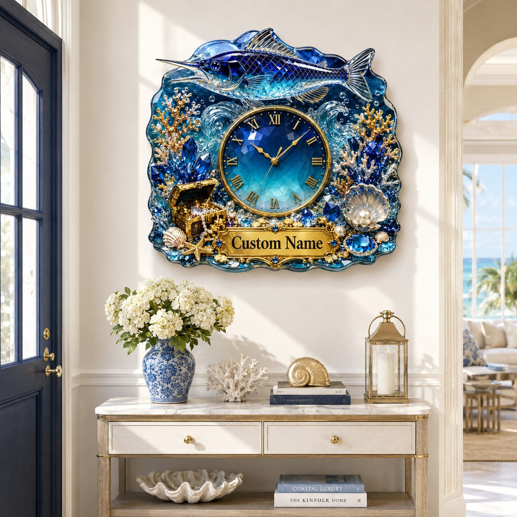 Sapphire marlin Custom Name Wall Clock — personalized with a custom name