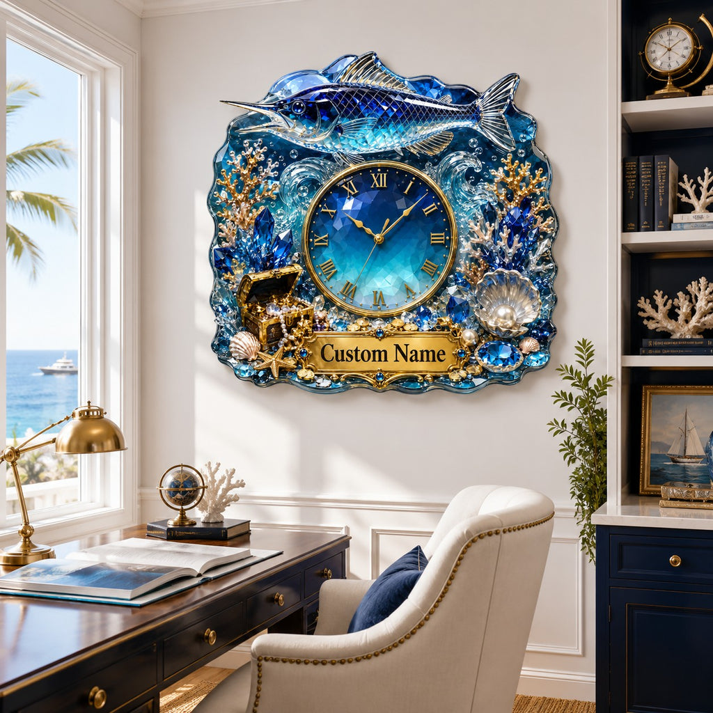 Sapphire marlin Custom Name Wall Clock — personalized with a custom name