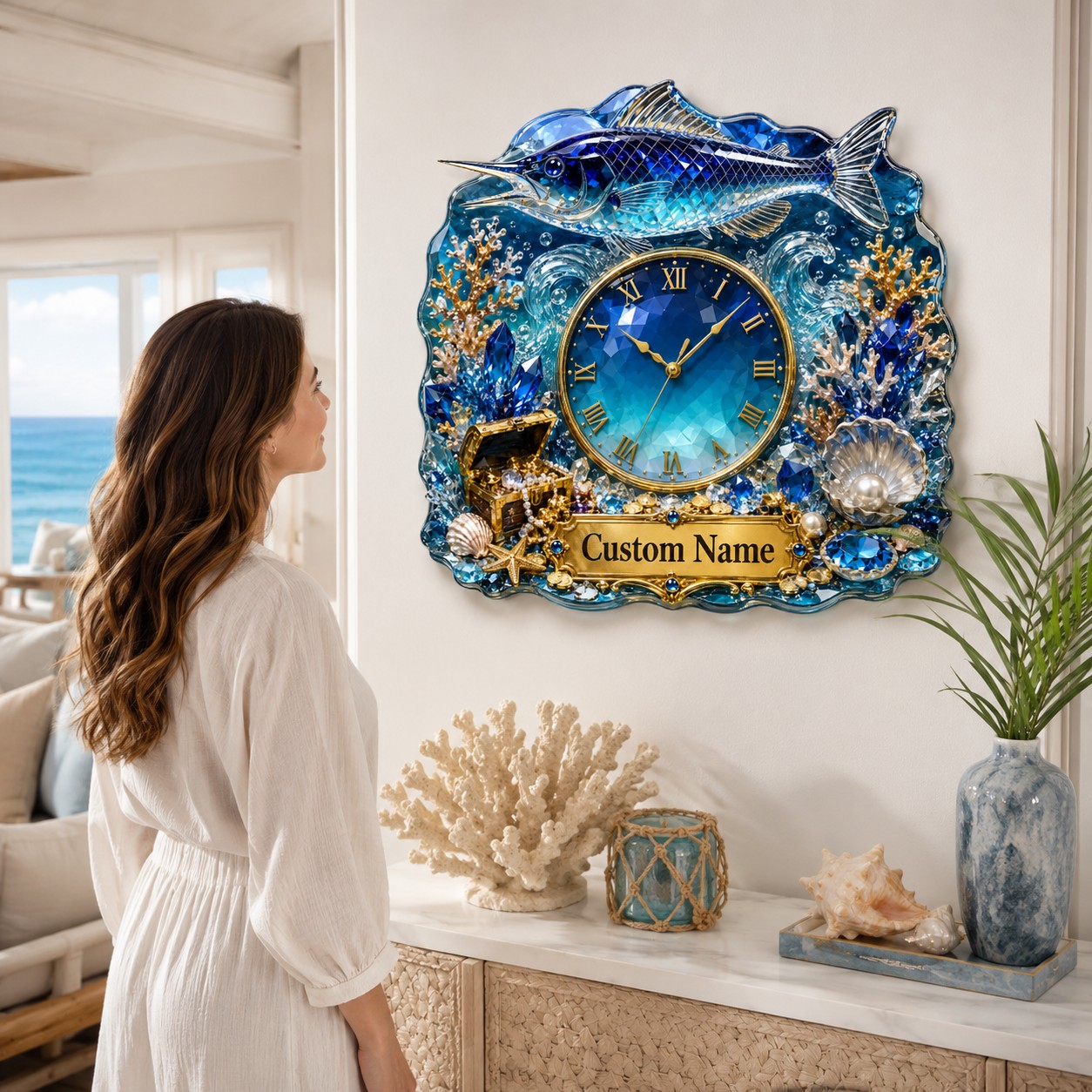 Sapphire marlin Custom Name Wall Clock — personalized with a custom name