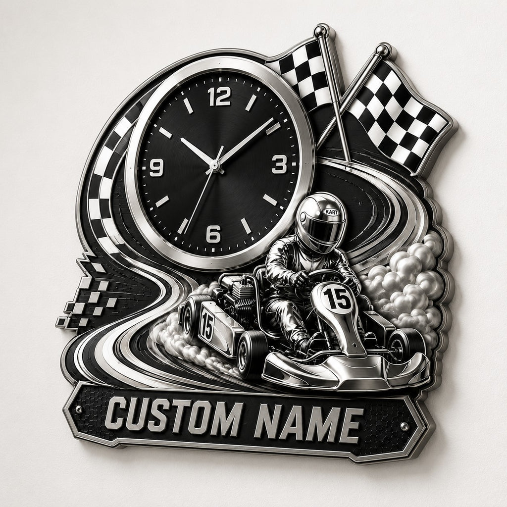 Karting Enthusiasts Custom Name Wall Clock — personalized with a custom name