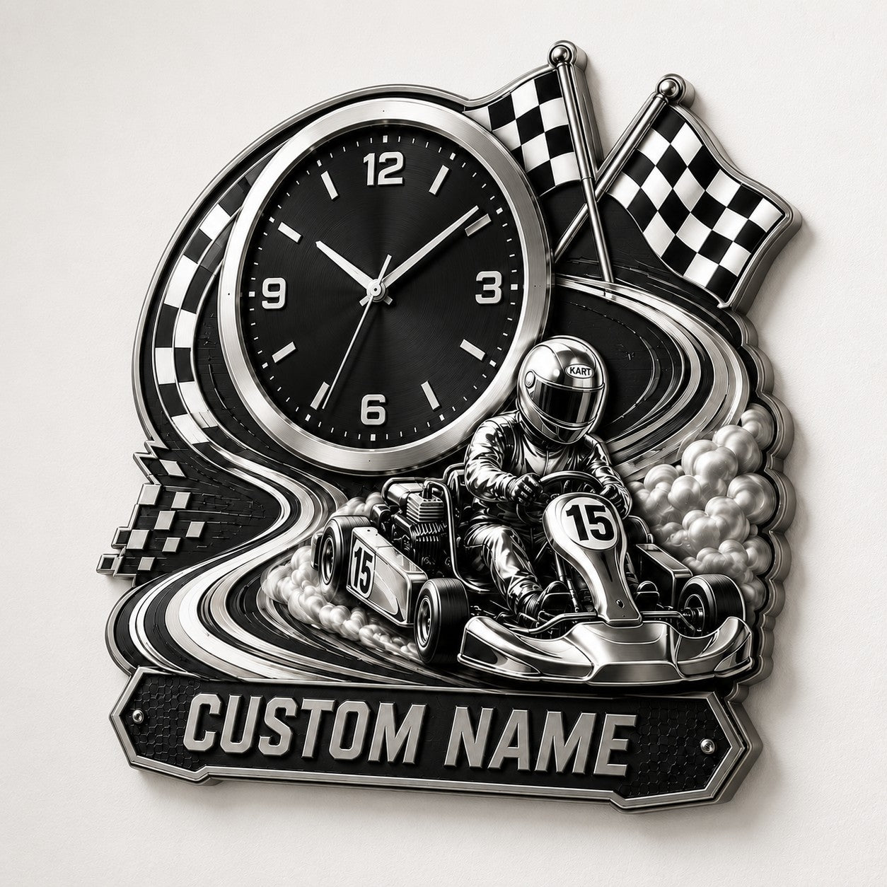 Karting Enthusiasts Custom Name Wall Clock — personalized with a custom name
