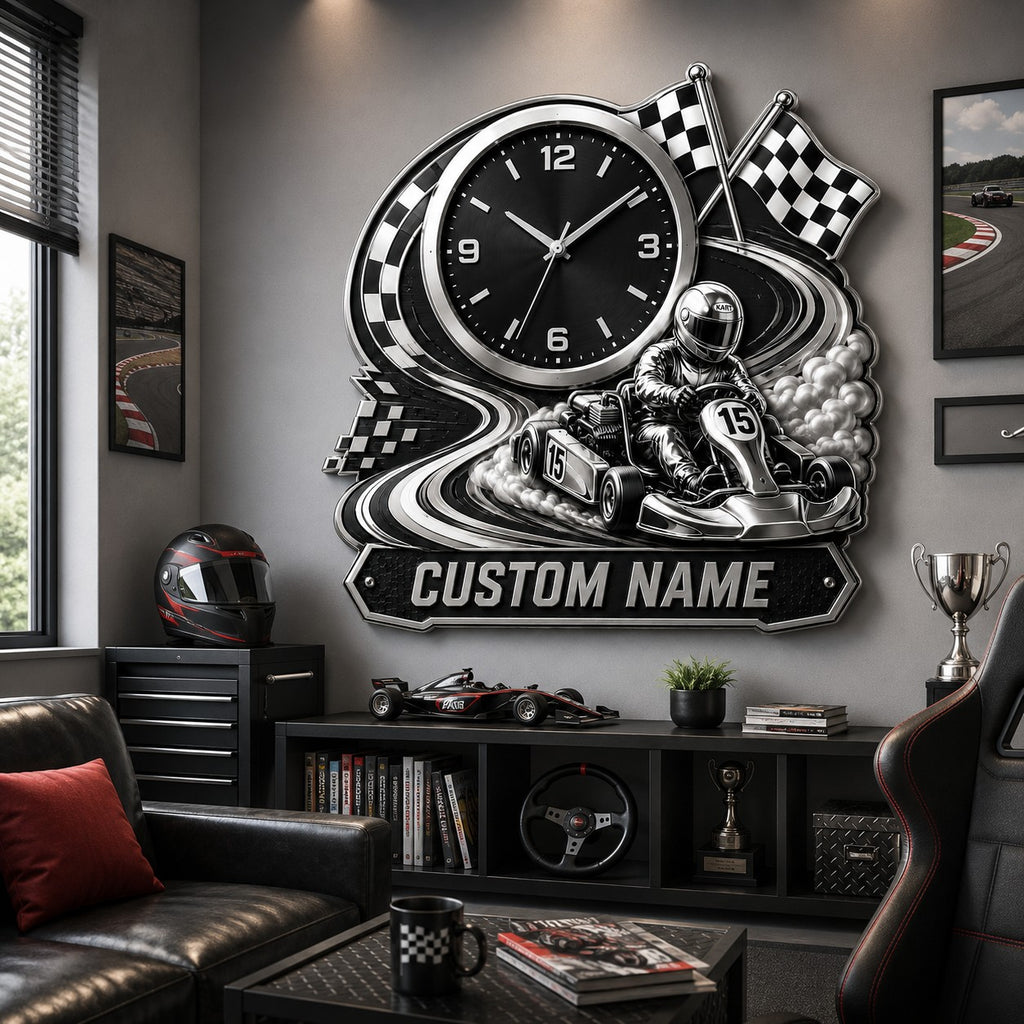 Karting Enthusiasts Custom Name Wall Clock — personalized with a custom name