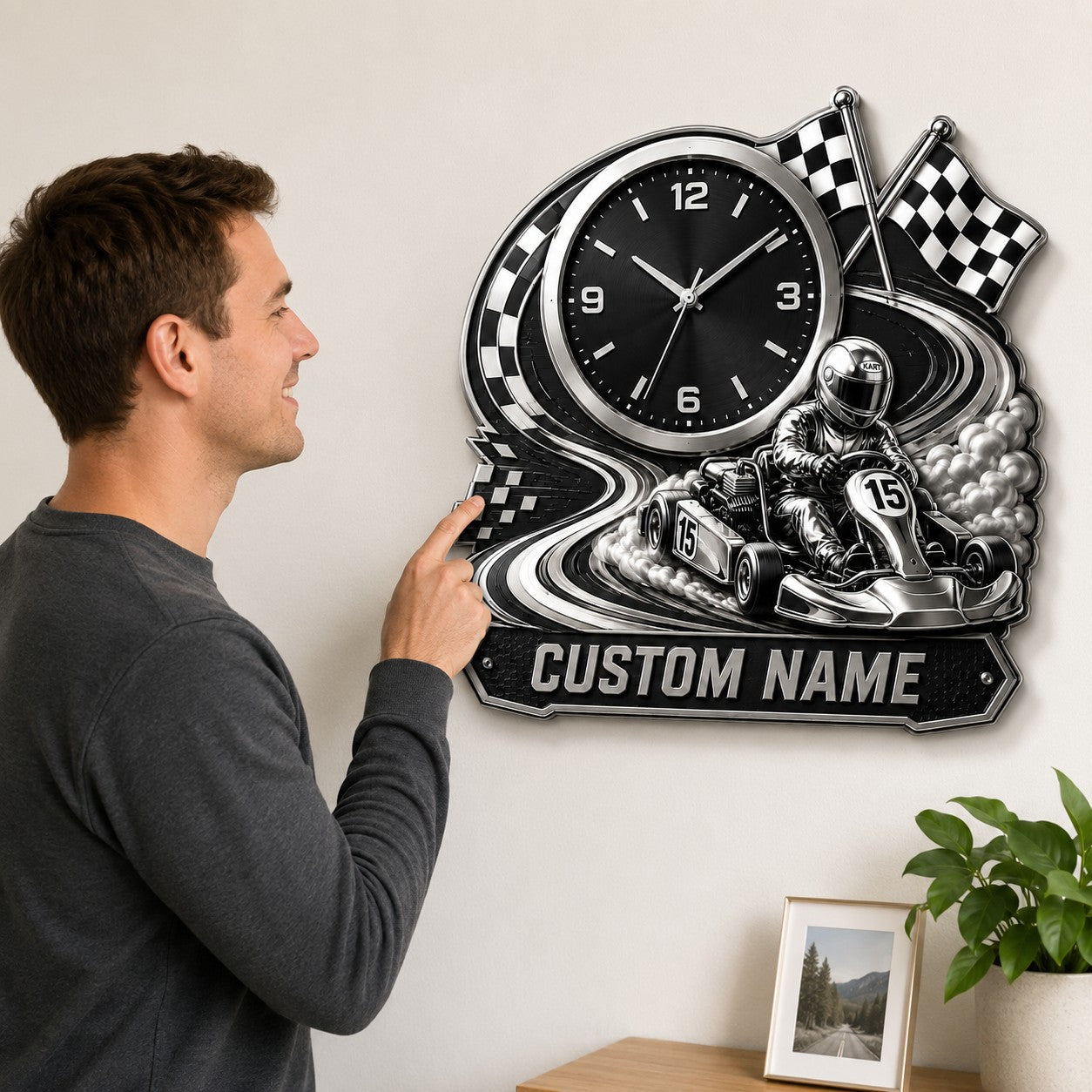Karting Enthusiasts Custom Name Wall Clock — personalized with a custom name