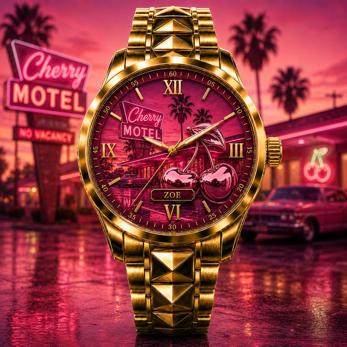 Custom Personalized Retro Cherry Motel Watch — personalized with a custom name