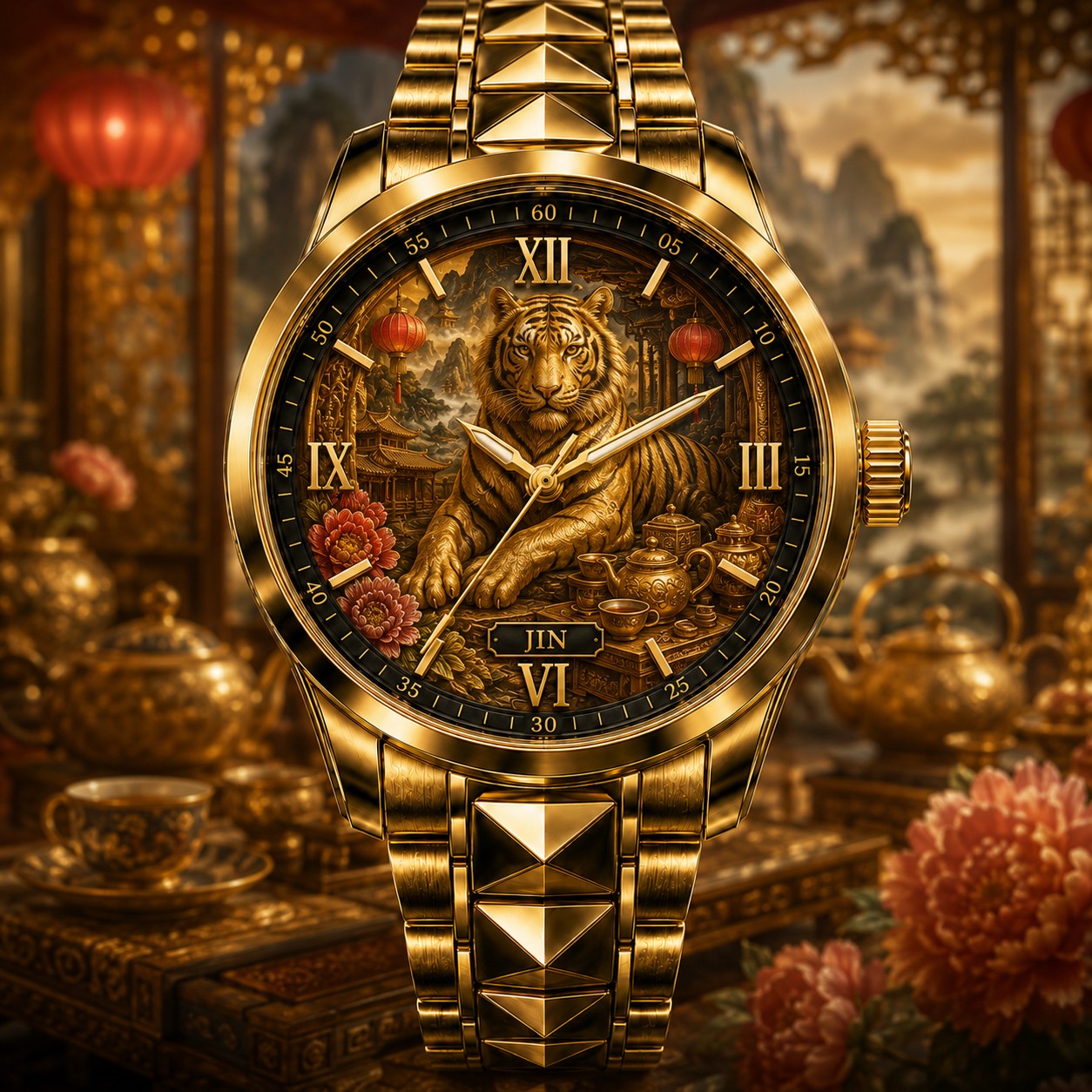 Custom Golden Tiger Tea House Watch — personalized with a custom name