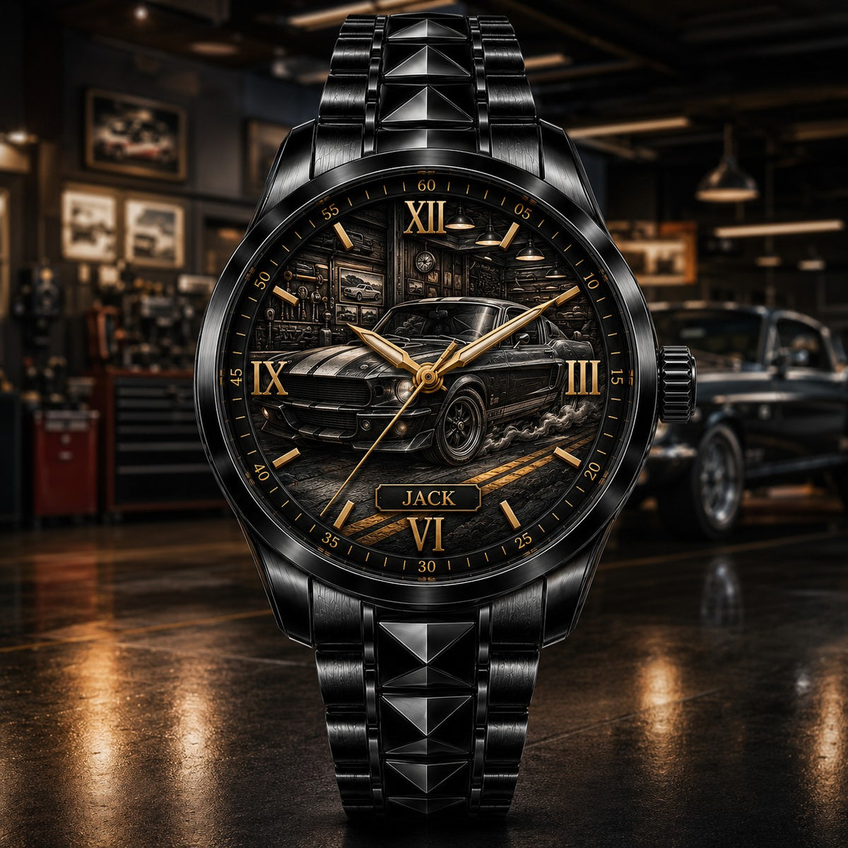 Personalized Muscle Car Watch with a custom name set into the design