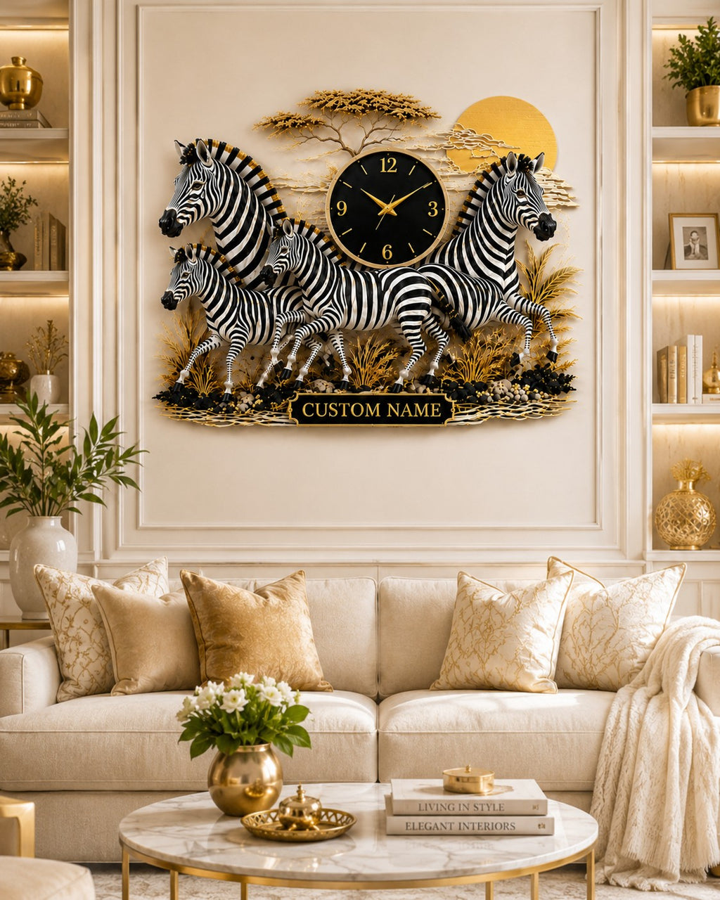 Zebra family Custom Name Wall Clock — personalized with a custom name