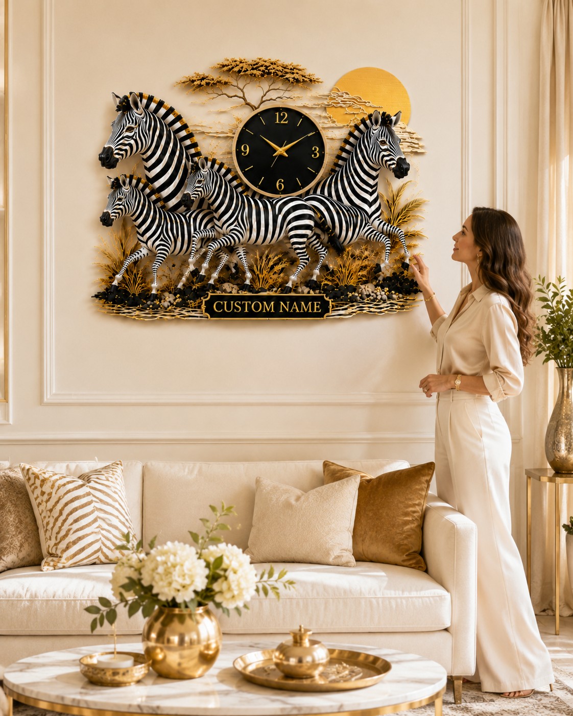 Zebra family Custom Name Wall Clock — personalized with a custom name