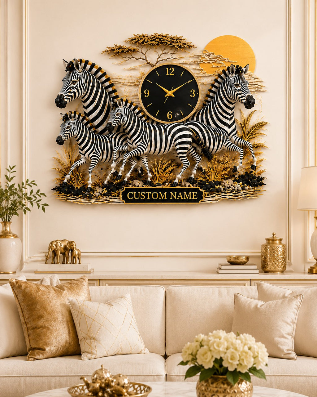 Zebra family Custom Name Wall Clock — personalized with a custom name