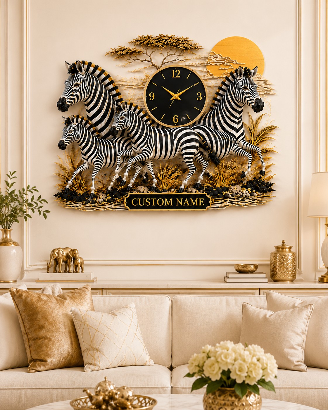 Zebra family Custom Name Wall Clock — personalized with a custom name