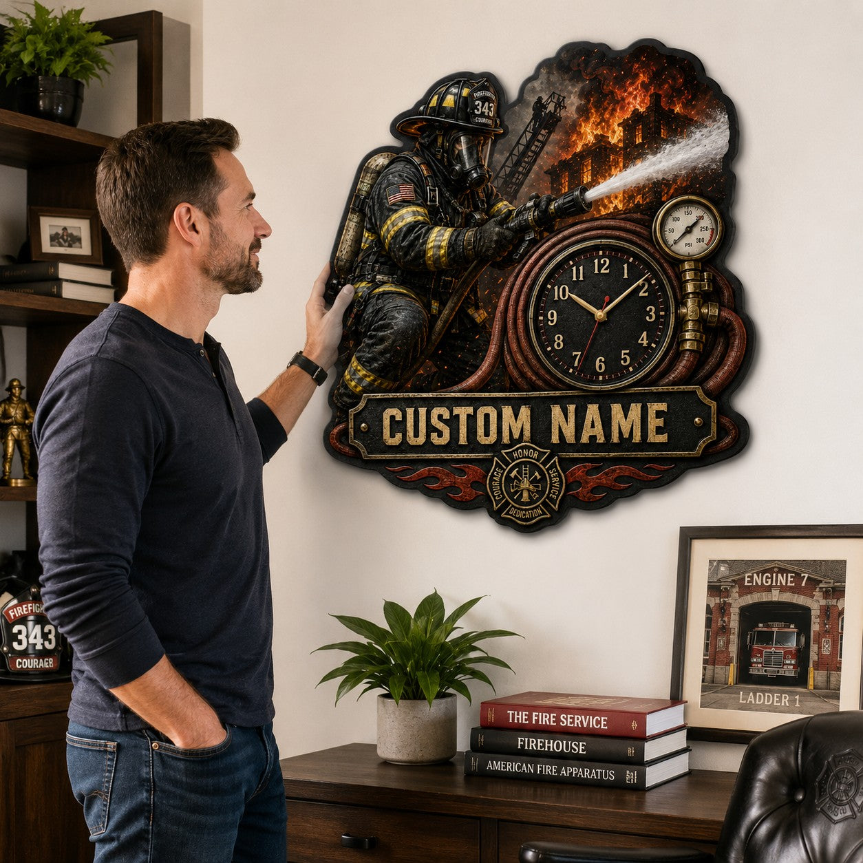 Firefighter action Custom Name Wall Clock — personalized with a custom name
