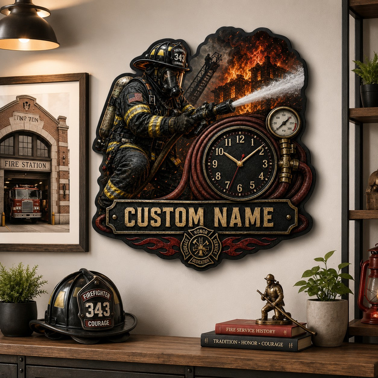 Firefighter action Custom Name Wall Clock — personalized with a custom name