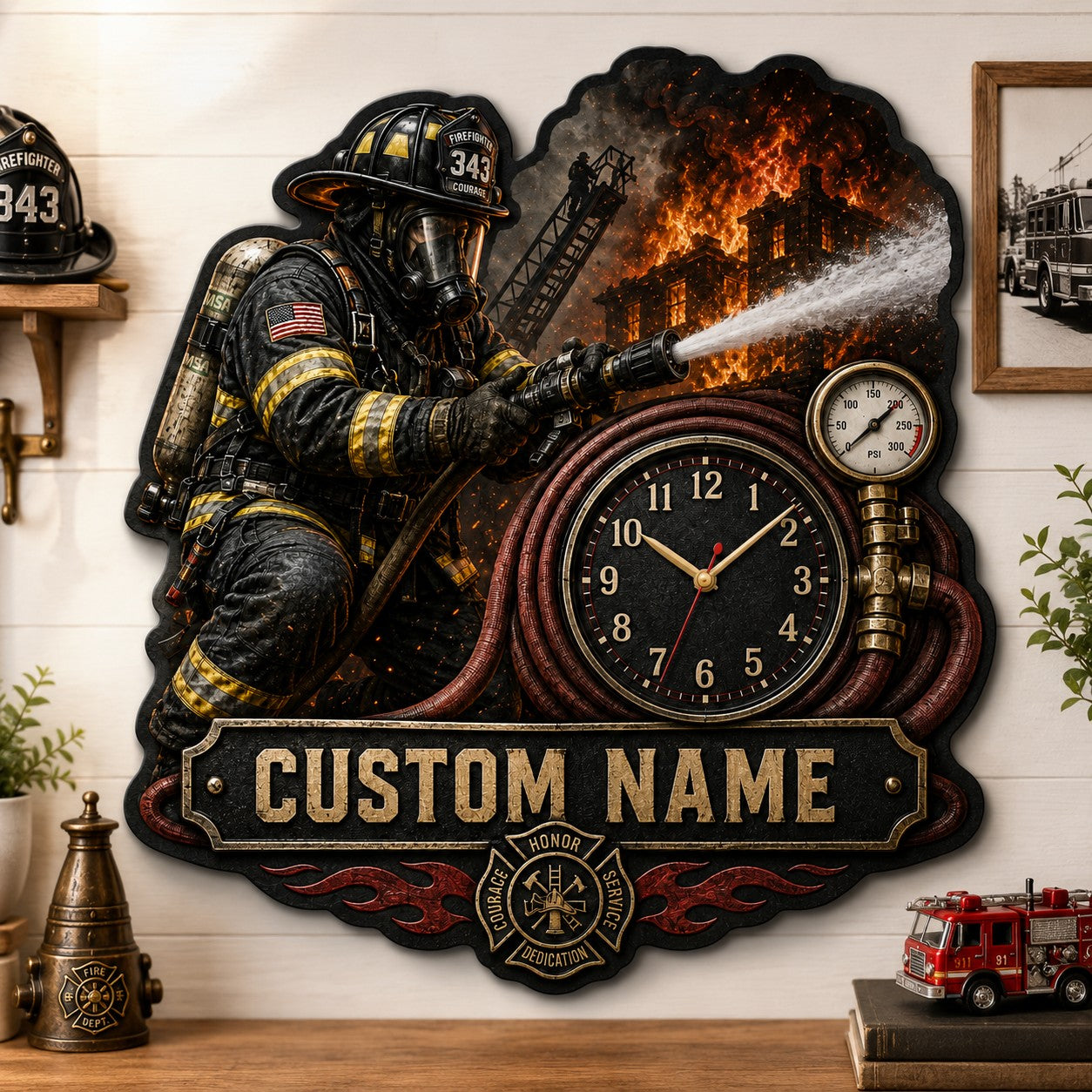 Firefighter action Custom Name Wall Clock — personalized with a custom name