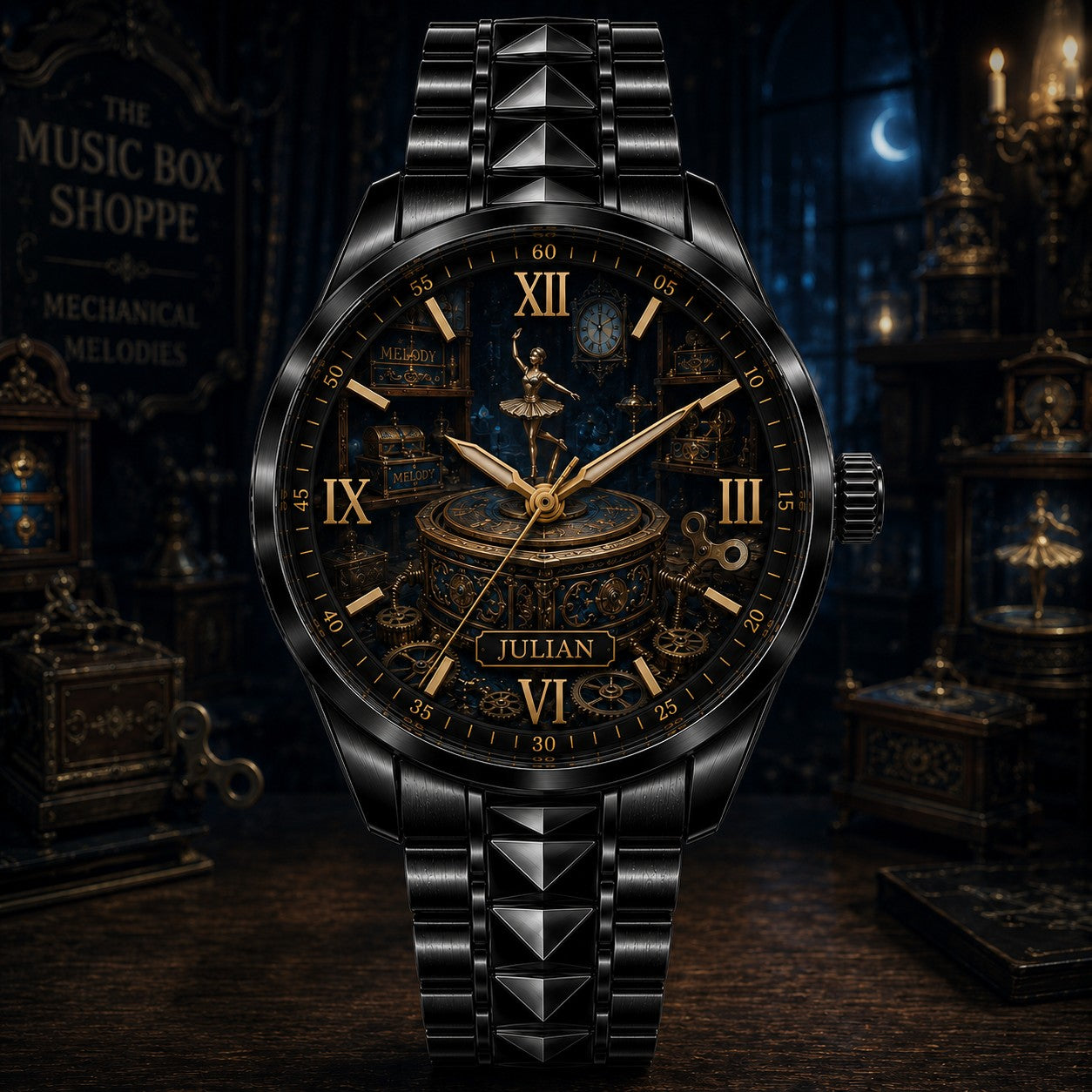 Custom Mechanical Music Box Watch — personalized with a custom name