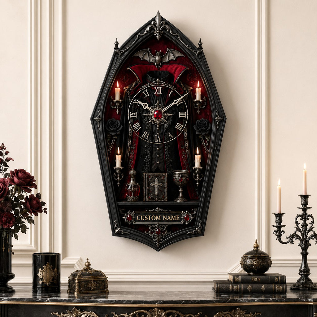 Gothic coffin Custom Name Wall Clock — personalized with a custom name