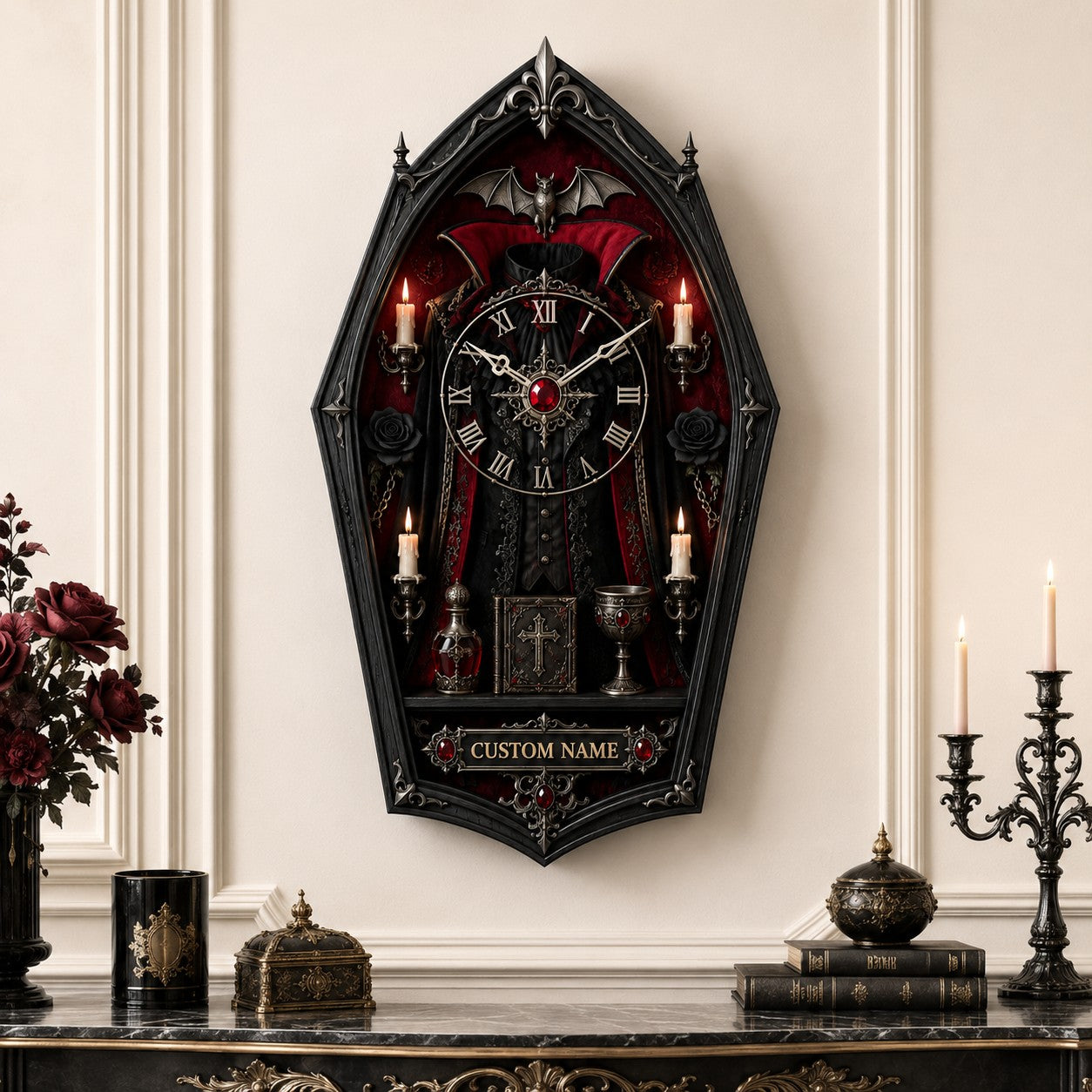 Gothic coffin Custom Name Wall Clock — personalized with a custom name