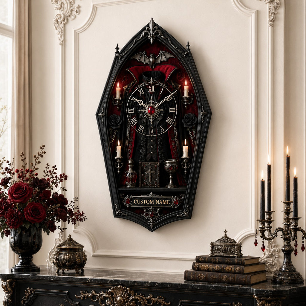 Gothic coffin Custom Name Wall Clock — personalized with a custom name