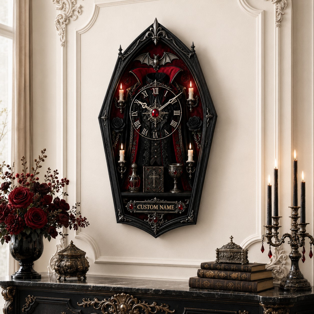 Gothic coffin Custom Name Wall Clock — personalized with a custom name