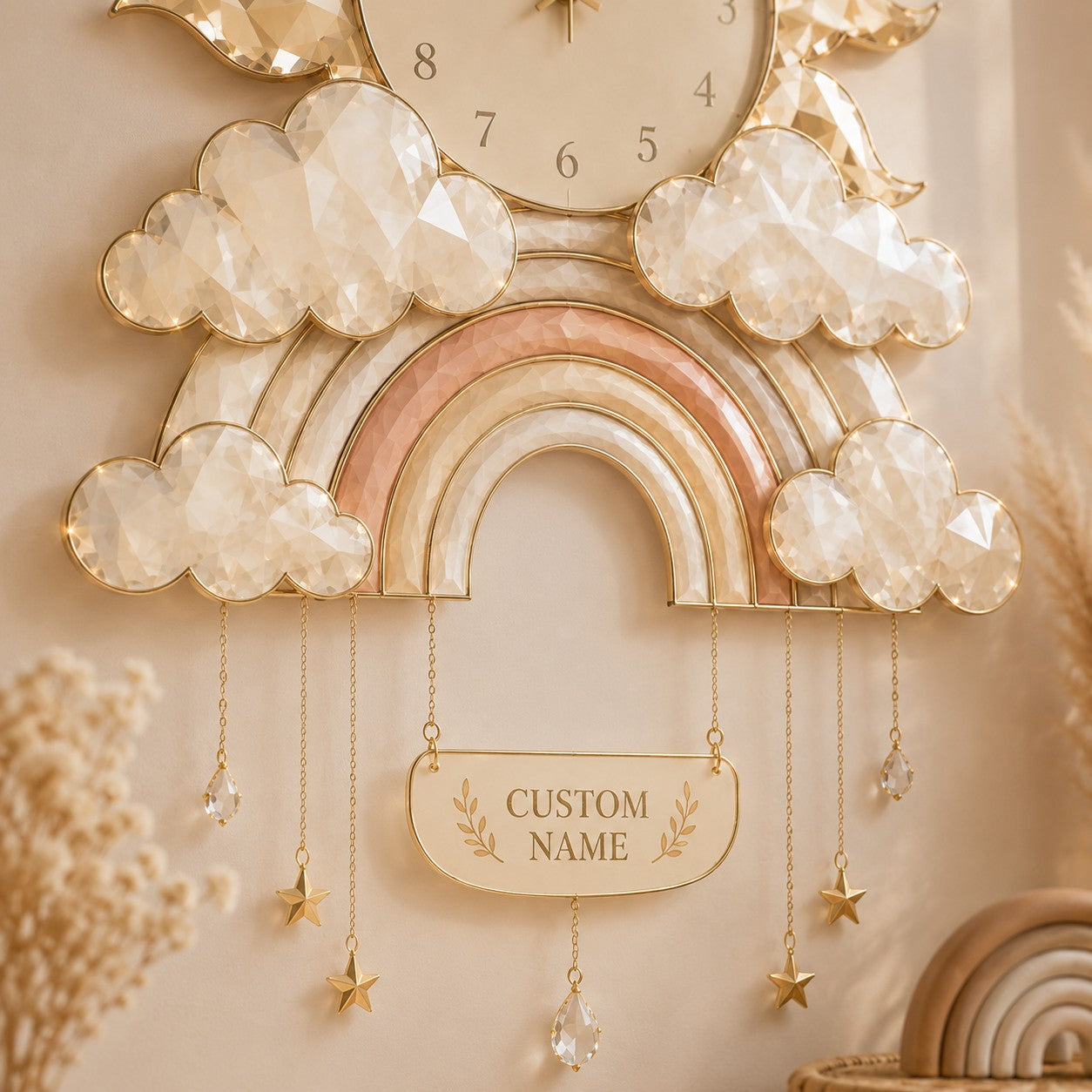 Personalized Boho Rainbow Nursery Custom Name Wall Clock — personalized with a custom name