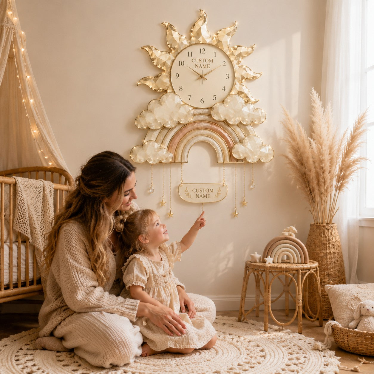 Personalized Boho Rainbow Nursery Custom Name Wall Clock — personalized with a custom name