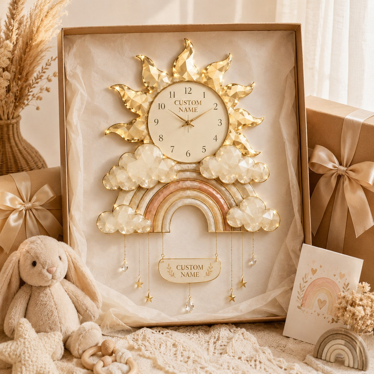 Personalized Boho Rainbow Nursery Custom Name Wall Clock — personalized with a custom name