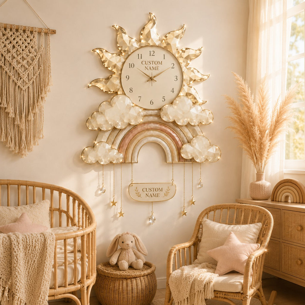 Personalized Boho Rainbow Nursery Custom Name Wall Clock — personalized with a custom name