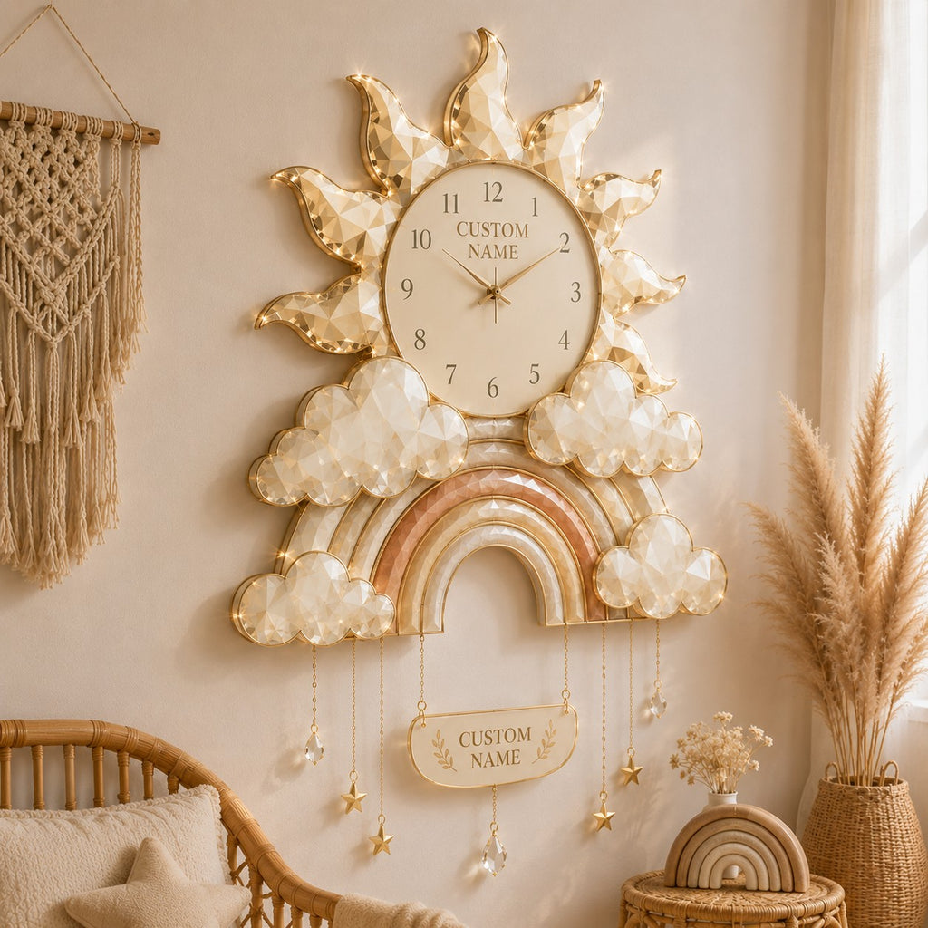 Personalized Boho Rainbow Nursery Custom Name Wall Clock — personalized with a custom name