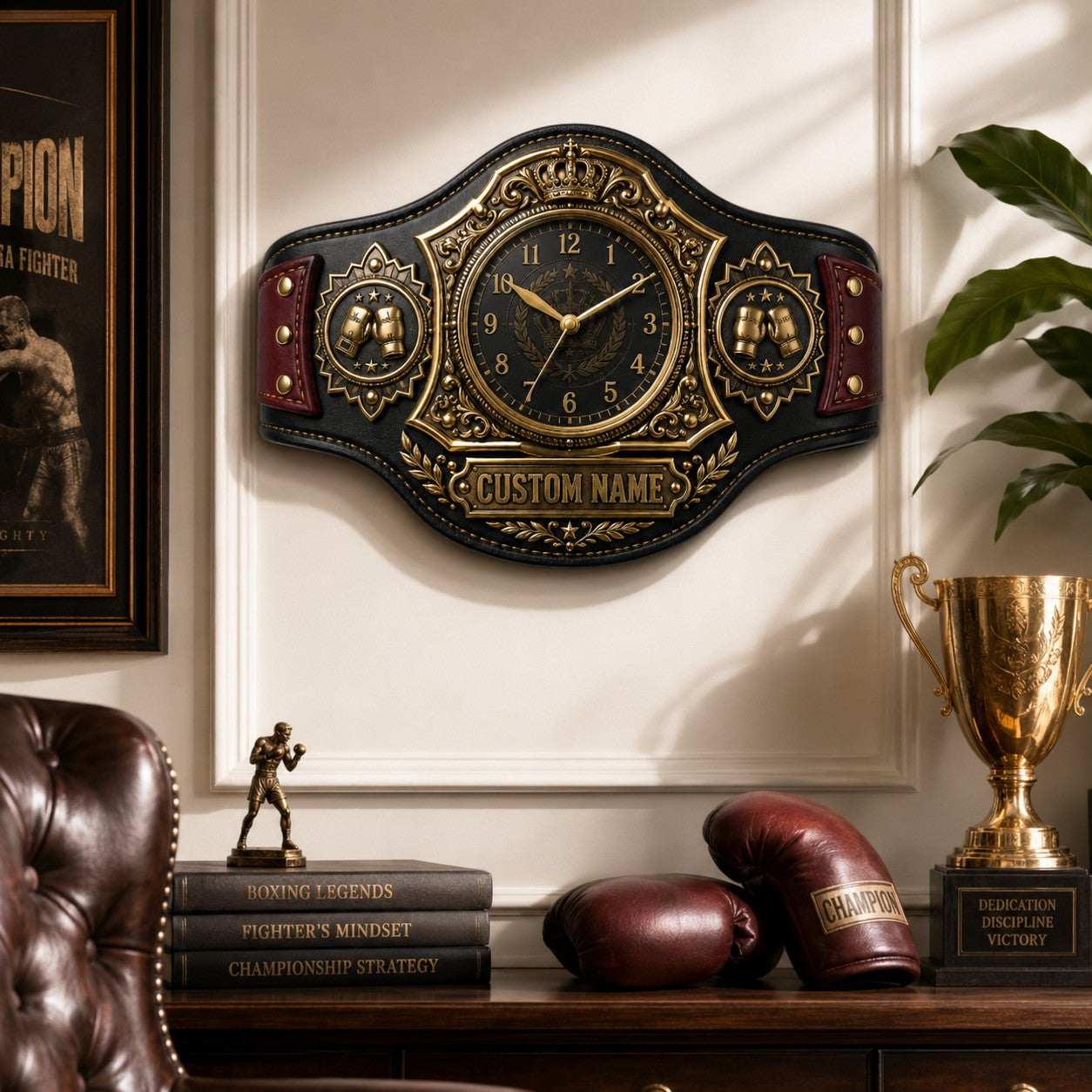 Boxing championship belt Custom Name Wall Clock — personalized with a custom name