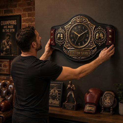 Boxing championship belt Custom Name Wall Clock — personalized with a custom name