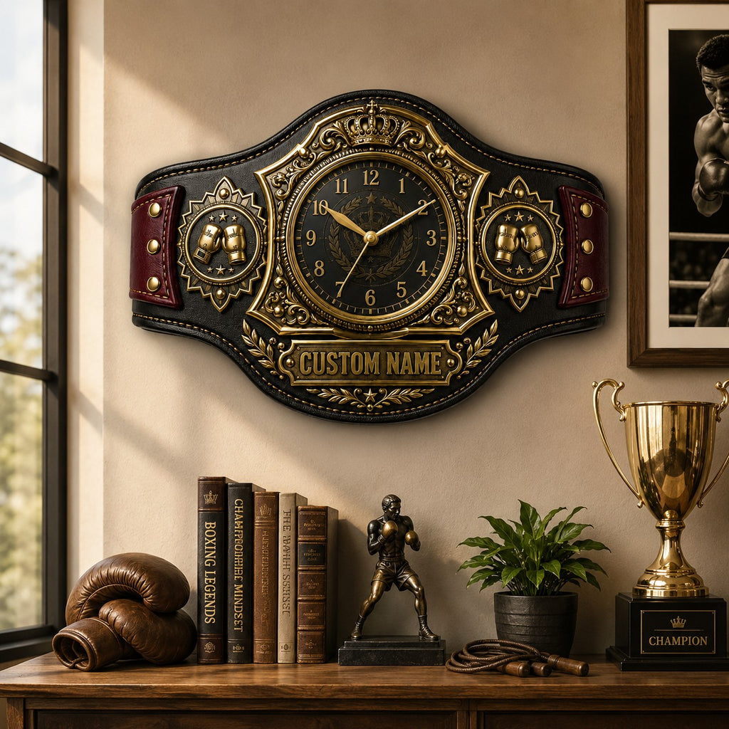 Boxing championship belt Custom Name Wall Clock — personalized with a custom name