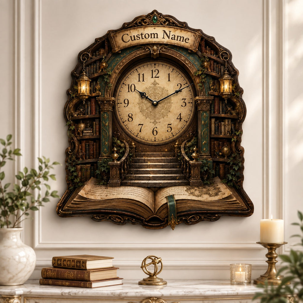 Personalized Fantasy Library Wall Clock — personalized with a custom name