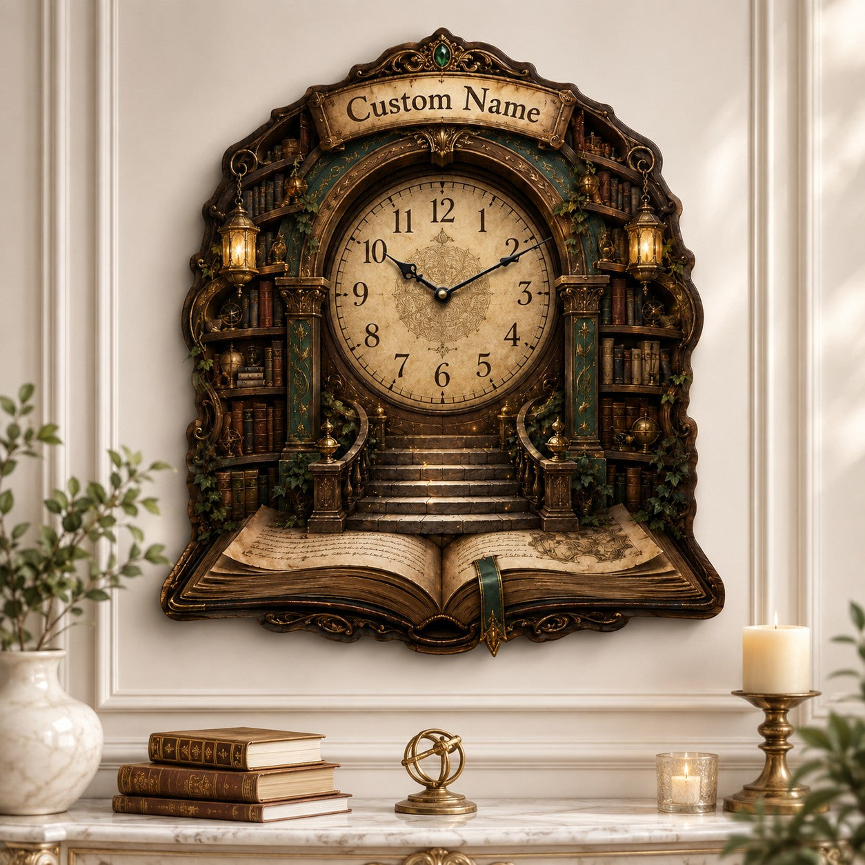 Personalized Fantasy Library Wall Clock — personalized with a custom name