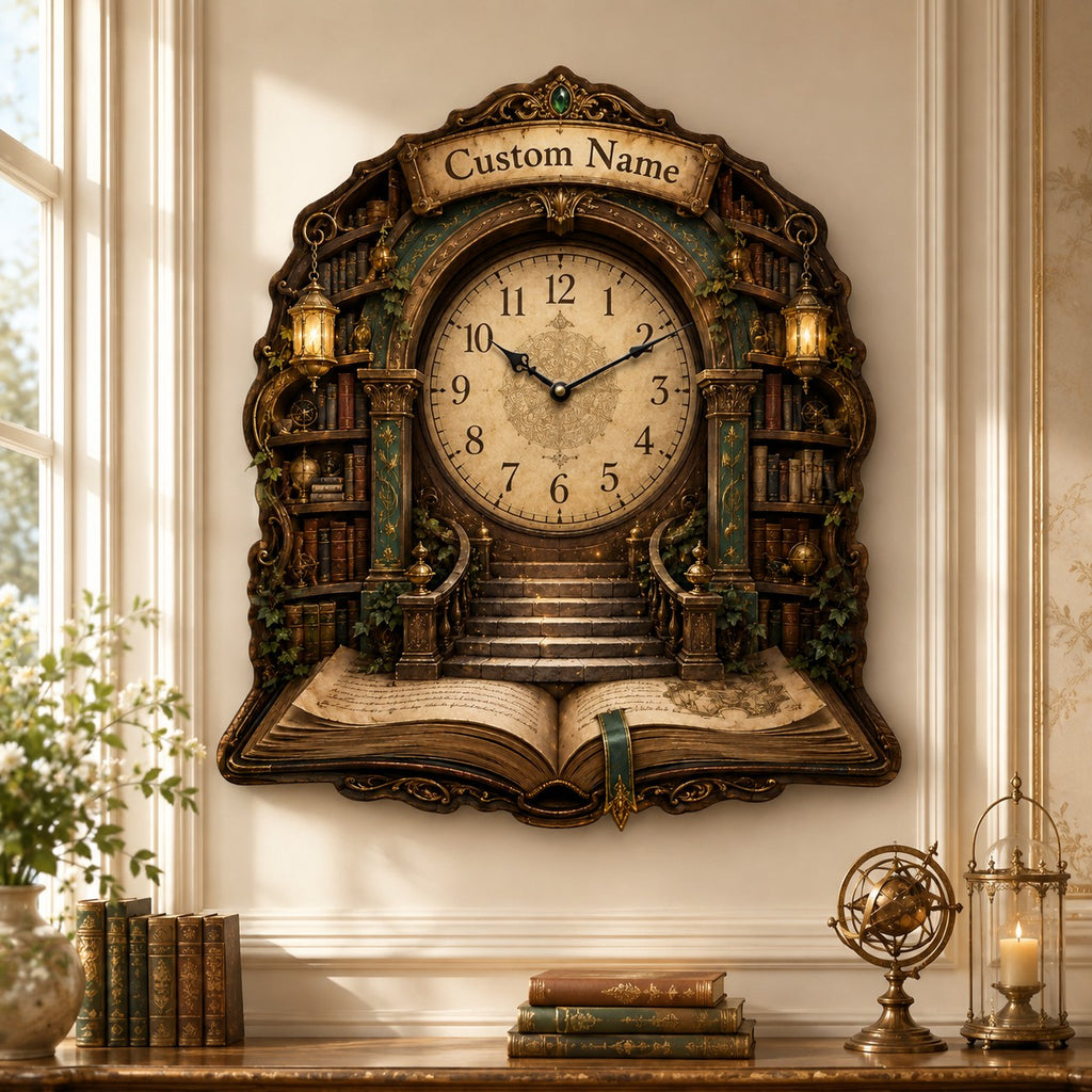 Personalized Fantasy Library Wall Clock — personalized with a custom name