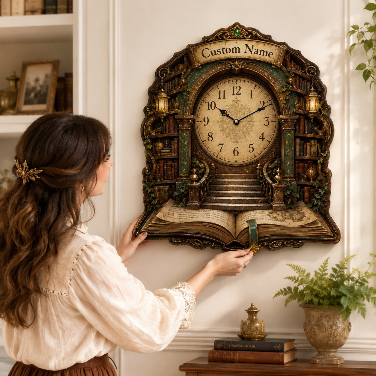 Personalized Fantasy Library Wall Clock — personalized with a custom name