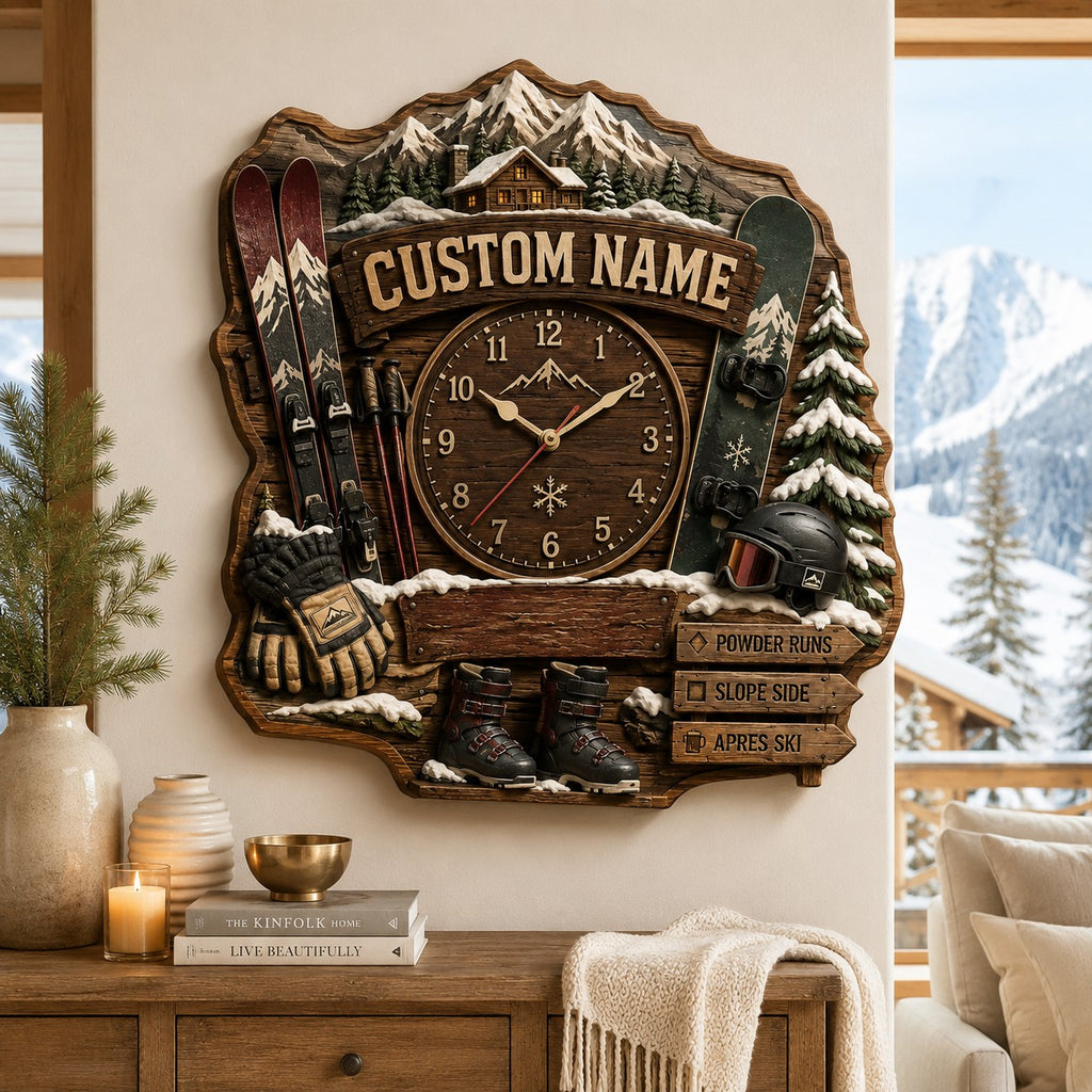 Rustic ski lodge Custom Name Wall Clock — personalized with a custom name