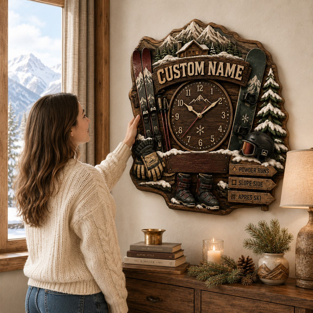 Rustic ski lodge Custom Name Wall Clock — personalized with a custom name