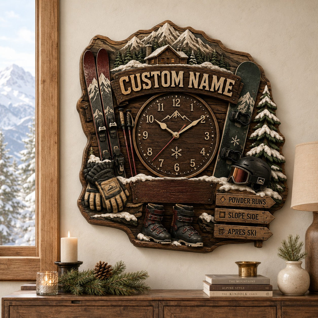 Rustic ski lodge Custom Name Wall Clock — personalized with a custom name