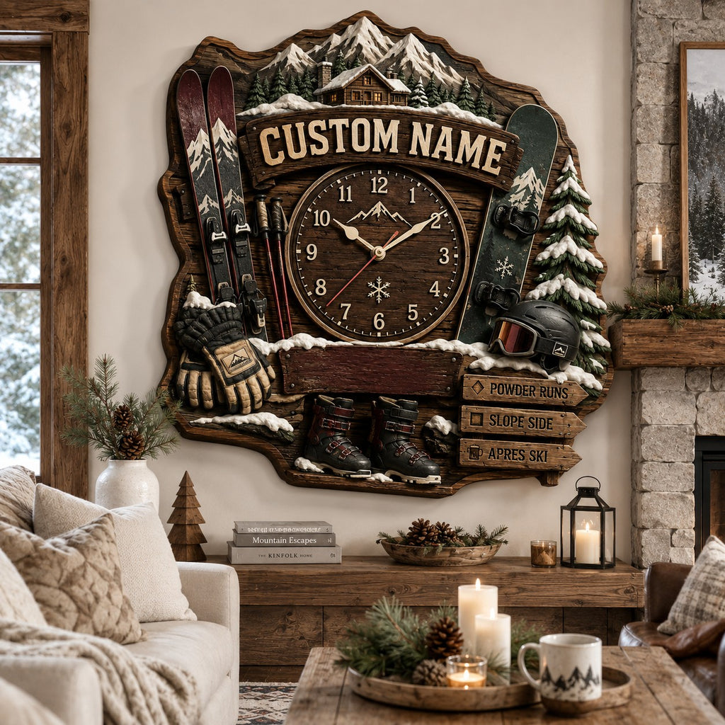 Rustic ski lodge Custom Name Wall Clock — personalized with a custom name