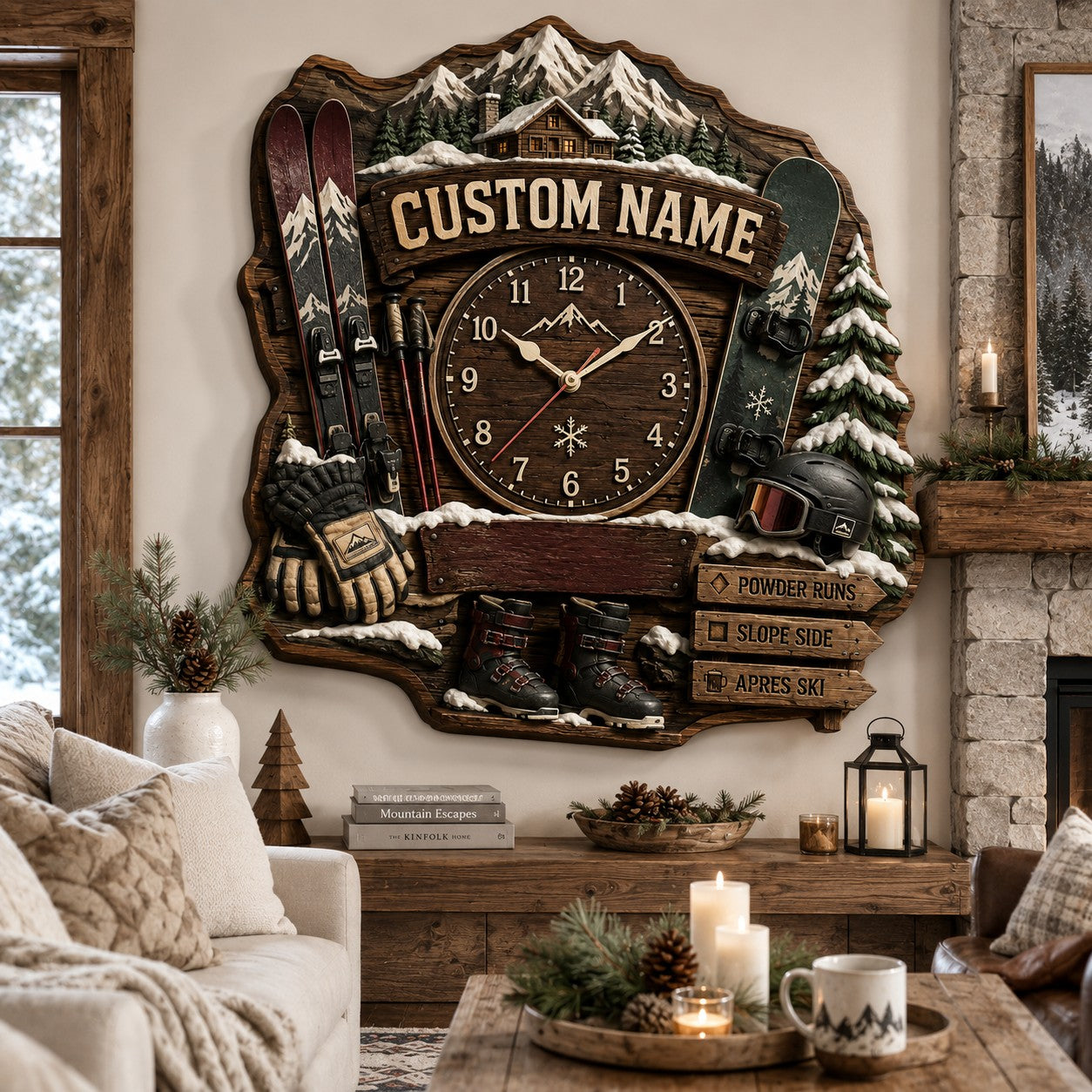 Rustic ski lodge Custom Name Wall Clock — personalized with a custom name