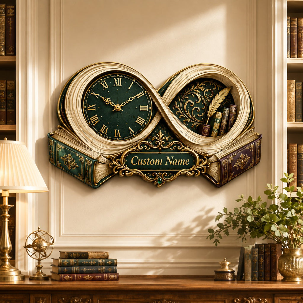 Infinity Book Personalized Wall Clock — personalized with a custom name