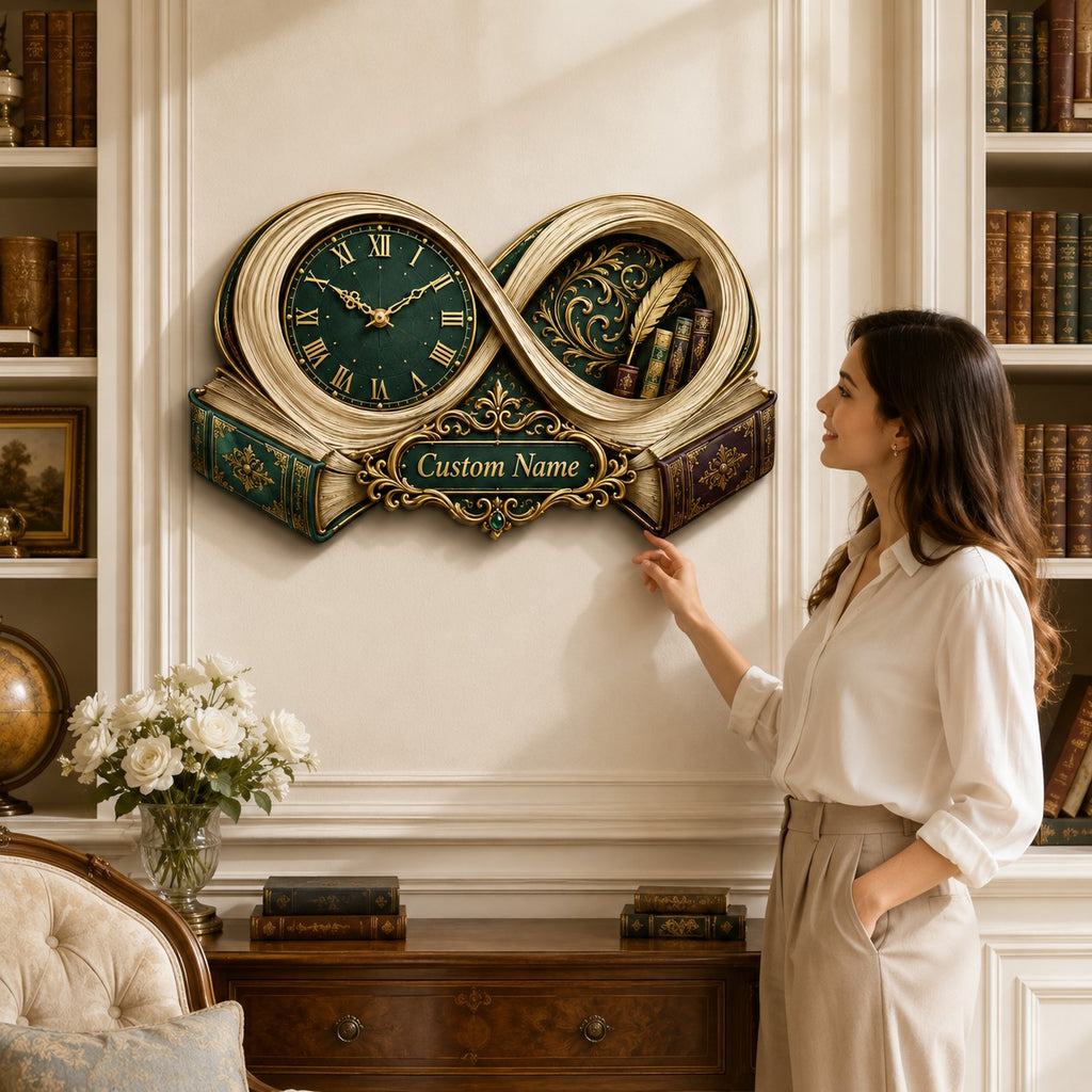 Infinity Book Personalized Wall Clock — personalized with a custom name
