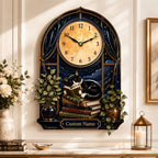 Personalized Reading Cat Moon Wall Clock — personalized with a custom name
