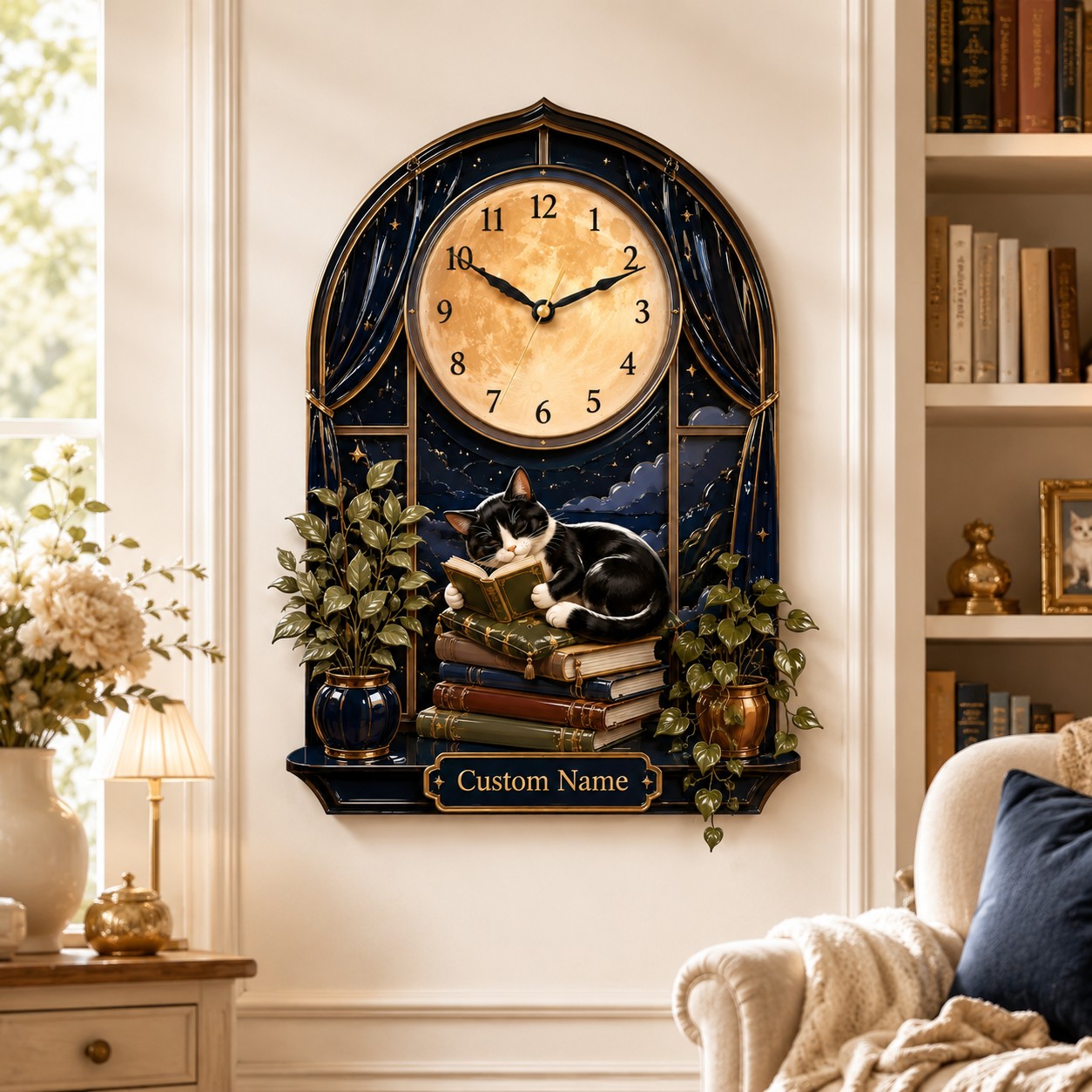 Personalized Reading Cat Moon Wall Clock — personalized with a custom name