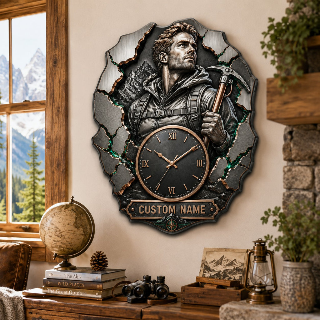 Mountain climber Custom Name Wall Clock — personalized with a custom name
