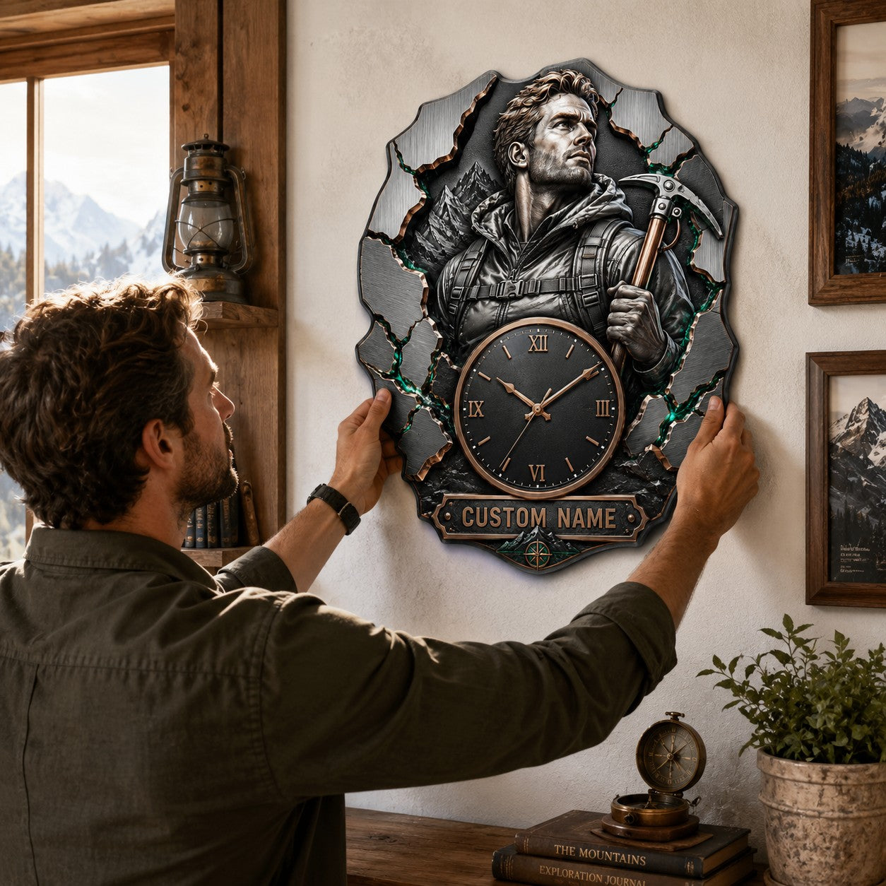 Mountain climber Custom Name Wall Clock — personalized with a custom name