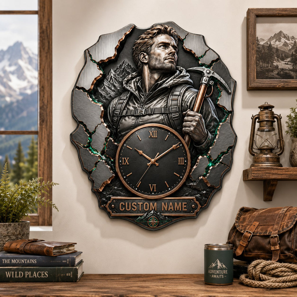 Mountain climber Custom Name Wall Clock — personalized with a custom name