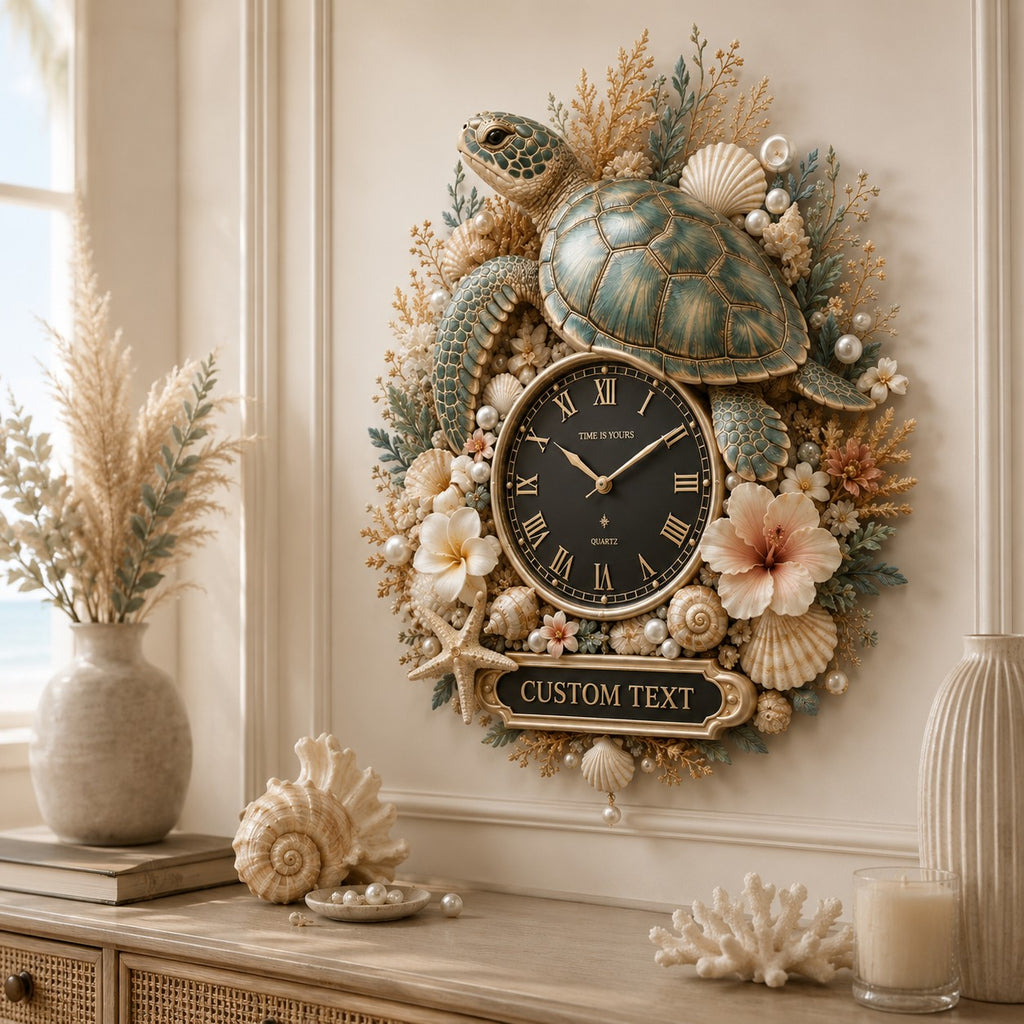 Ocean turtle decor Custom Name Wall Clock — personalized with a custom name