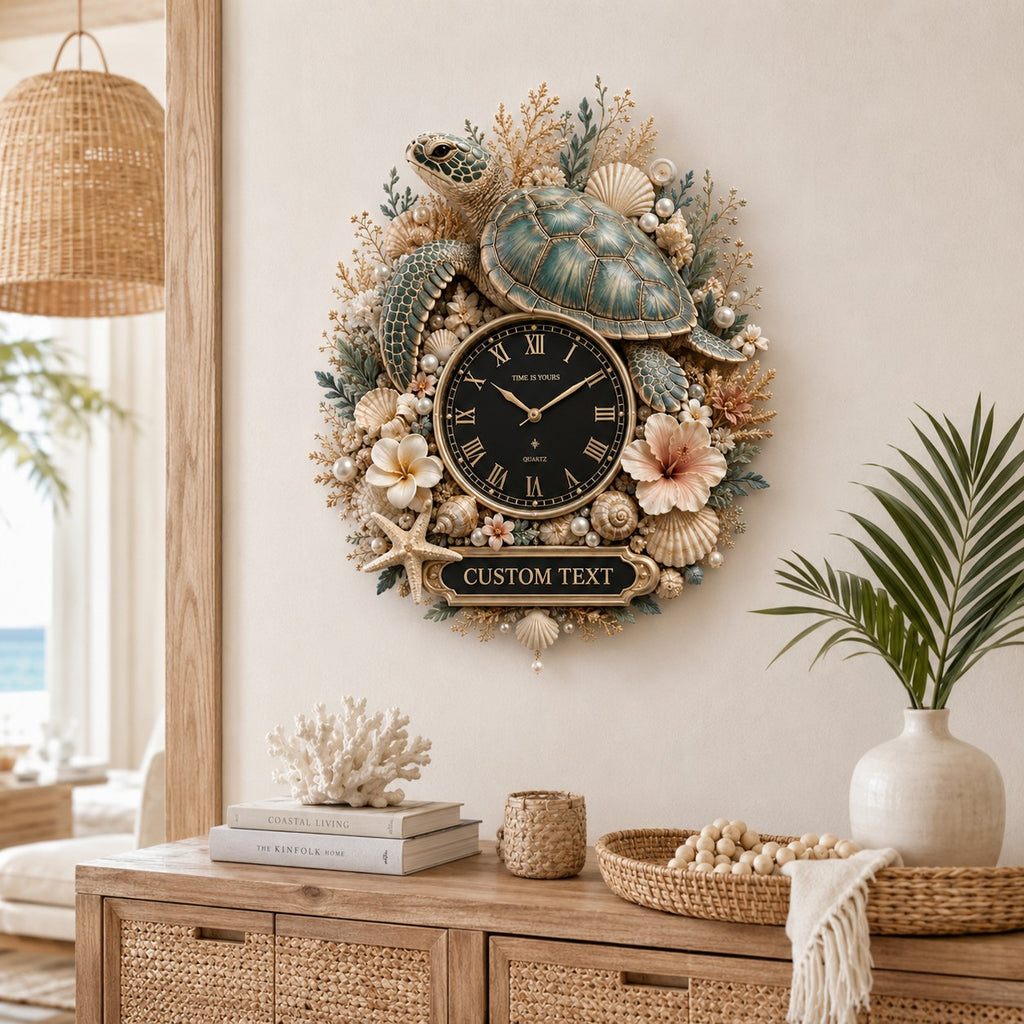 Ocean turtle decor Custom Name Wall Clock — personalized with a custom name