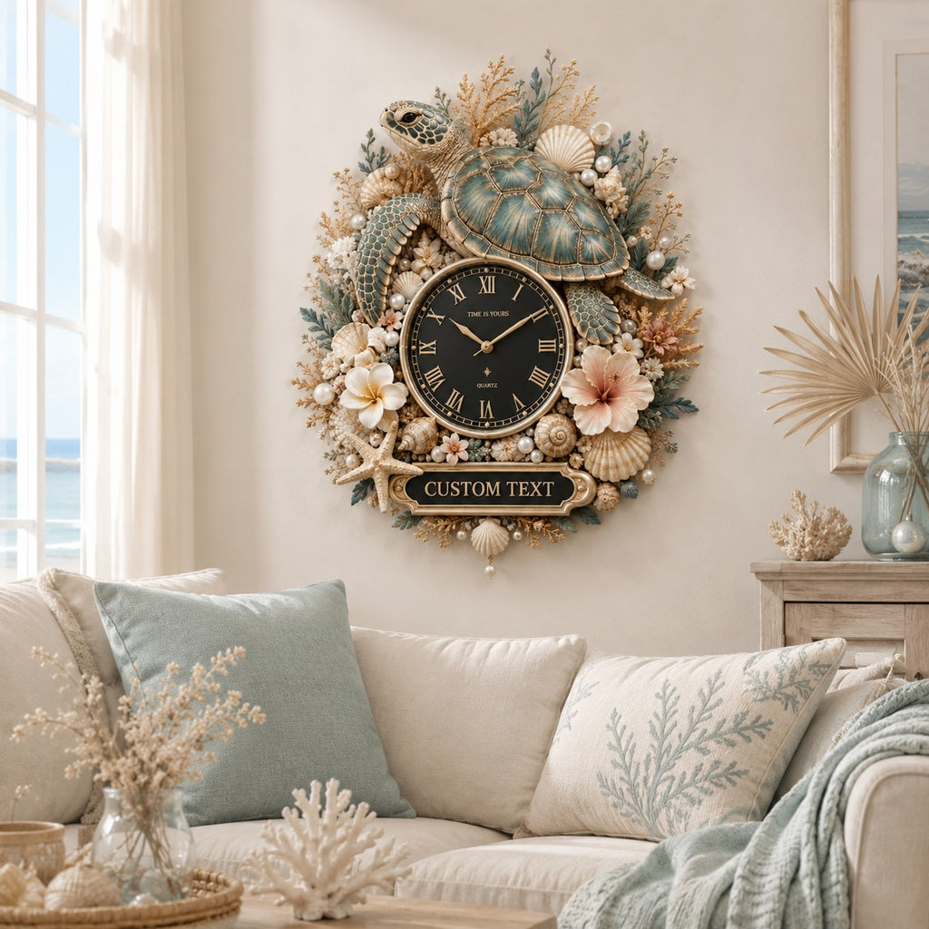 Ocean turtle decor Custom Name Wall Clock — personalized with a custom name