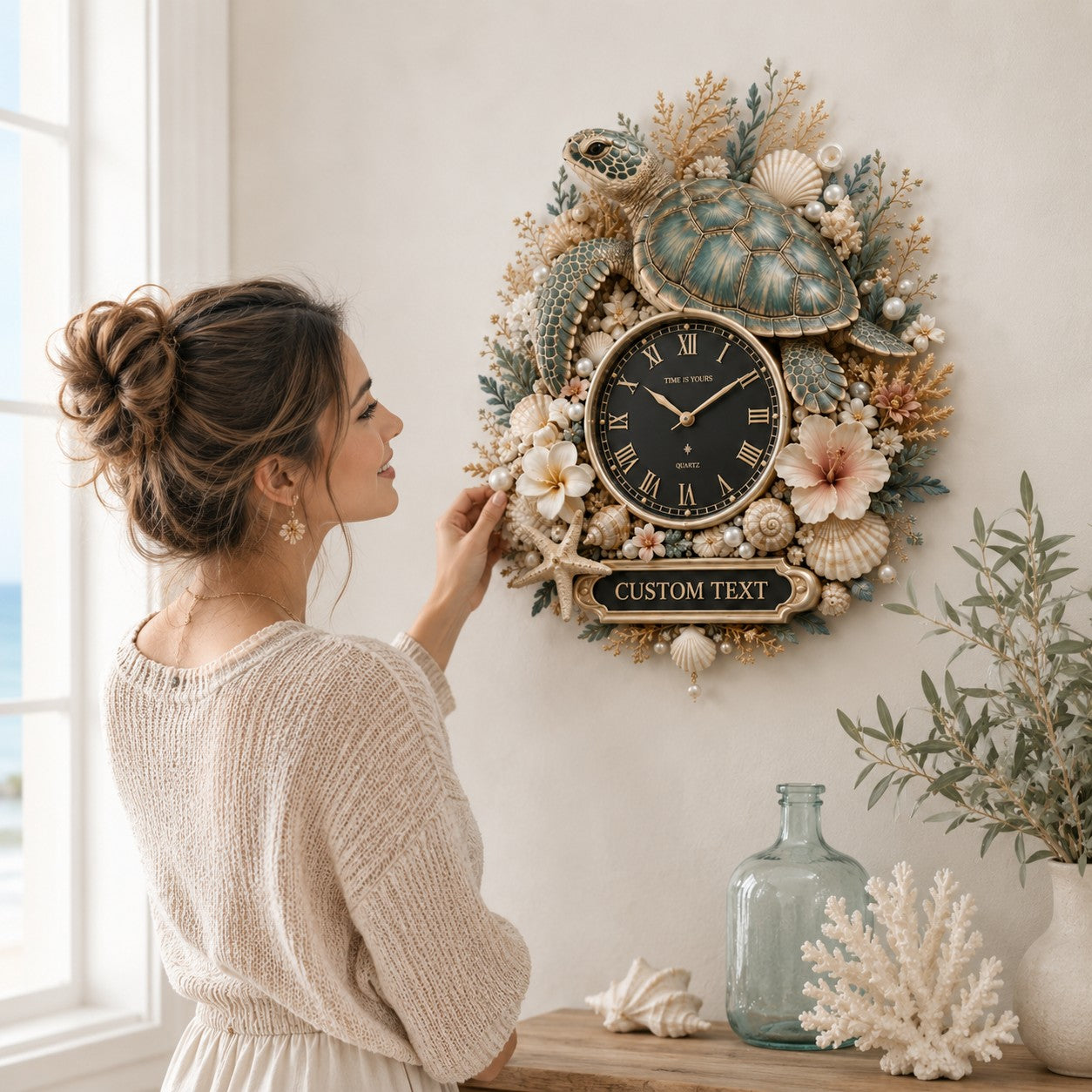 Ocean turtle decor Custom Name Wall Clock — personalized with a custom name